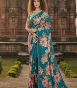 Teal Blue  printed saree with blouse