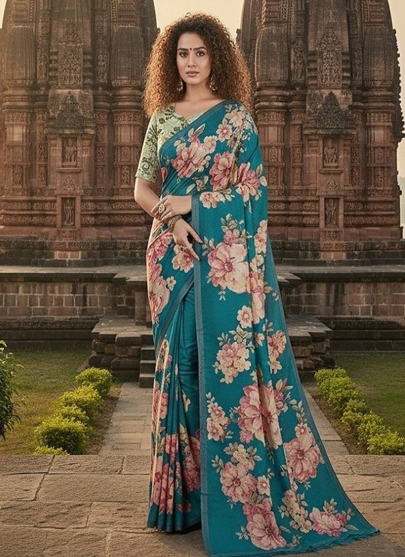 Teal Blue premium printed saree with blouse