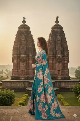 Teal Blue  printed saree with blouse