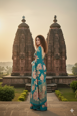 Teal Blue  printed saree with blouse 3