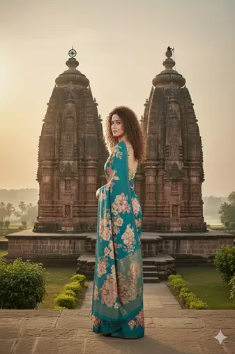 Teal Blue  printed saree with blouse