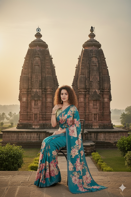 Teal Blue  printed saree with blouse 4