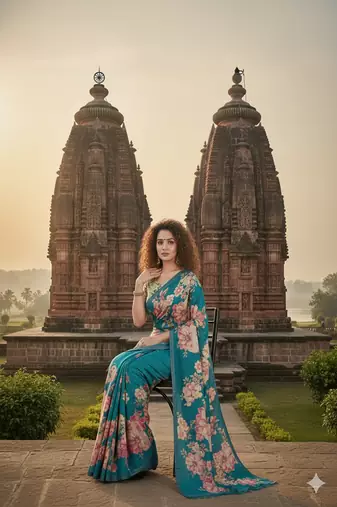 Teal Blue  printed saree with blouse