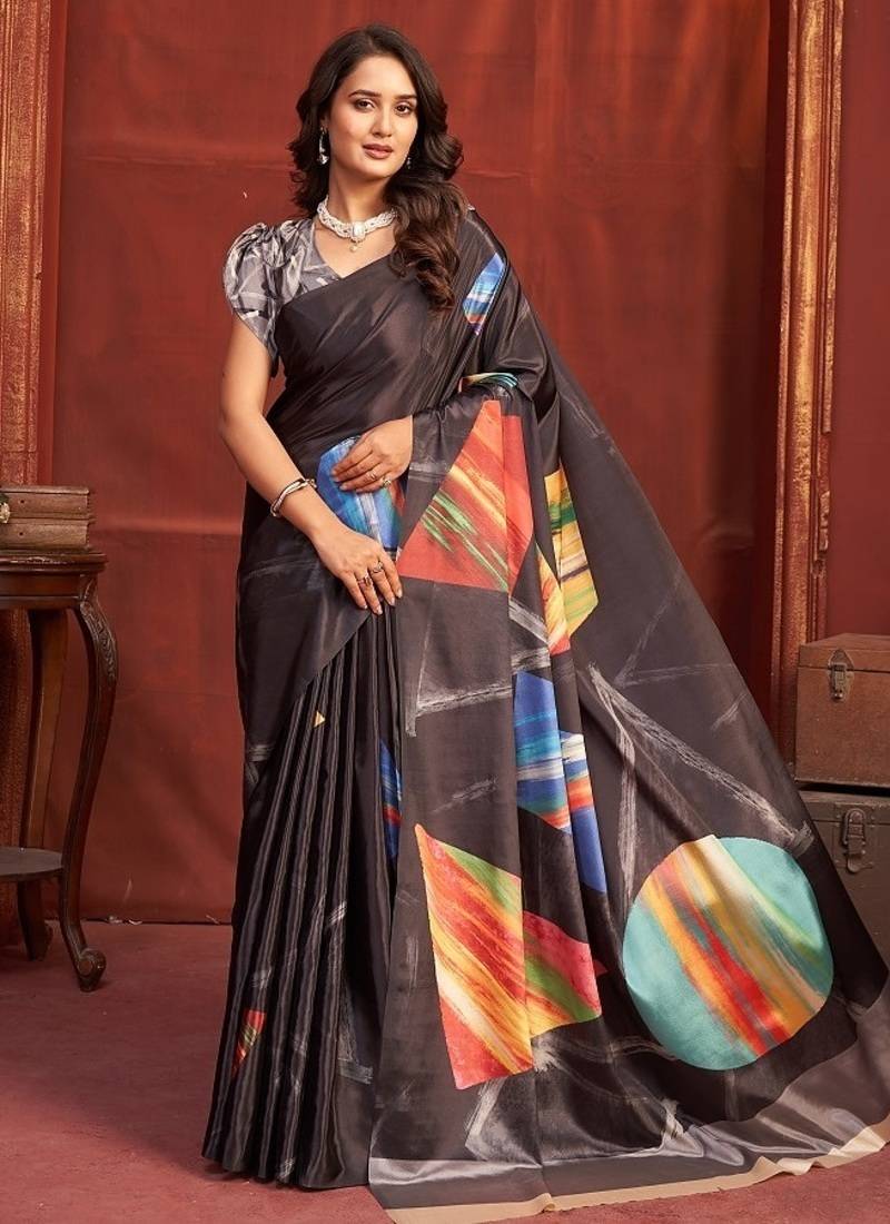 black premium printed saree with blouse