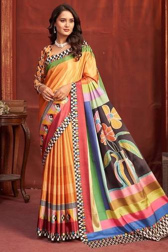 Yellow premium printed saree with blouse