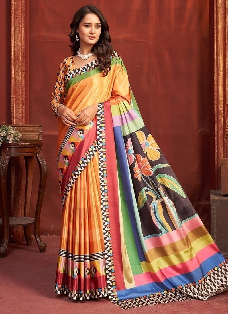 Yellow premium printed saree with blouse
