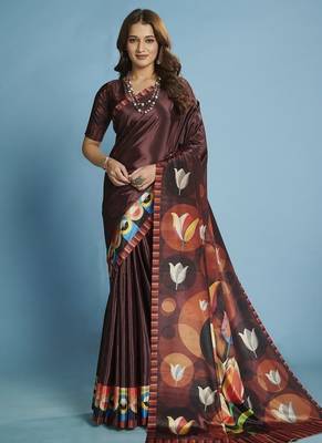 Brown  printed saree with blouse 1