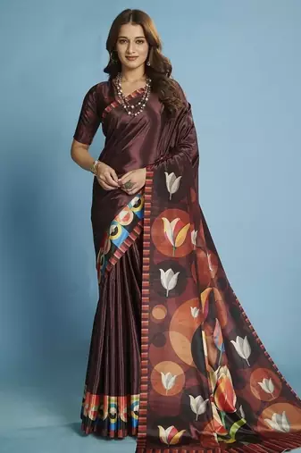 Brown premium printed saree with blouse