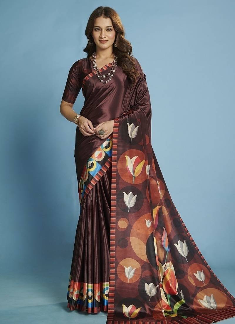 Brown premium printed saree with blouse