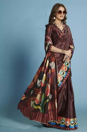 Brown  printed saree with blouse