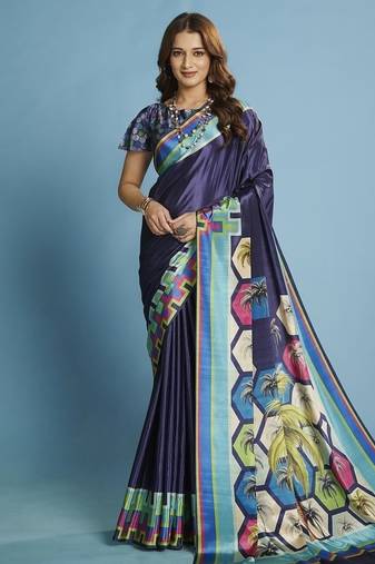Blue premium printed saree with blouse