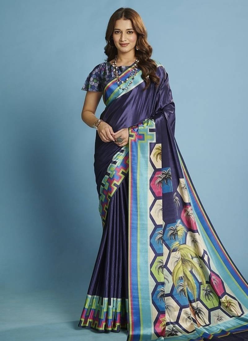 Blue premium printed saree with blouse