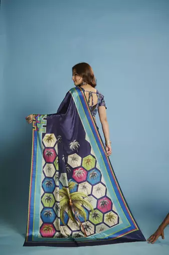 Blue  printed saree with blouse