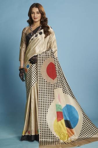 Beige premium printed saree with blouse