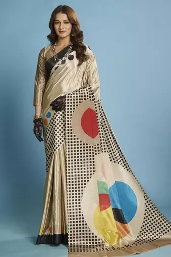 Beige premium printed saree with blouse