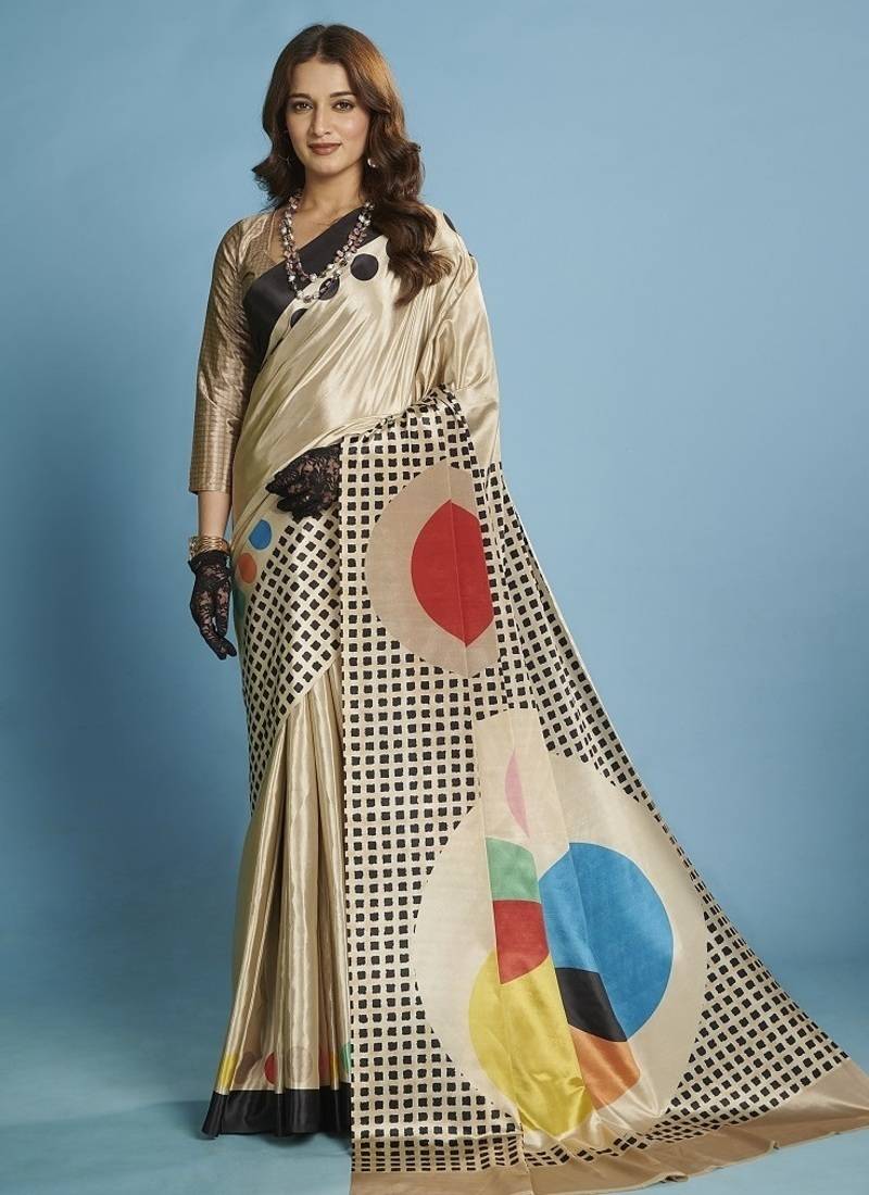 Beige premium printed saree with blouse