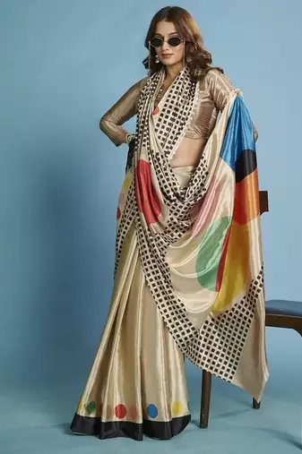Beige  printed saree with blouse