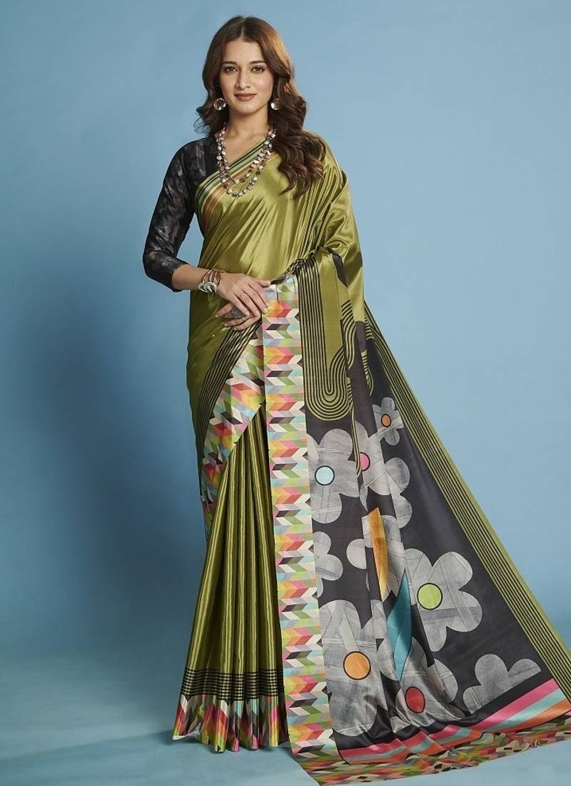 Green premium printed saree with blouse