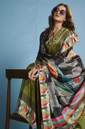 Green  printed saree with blouse