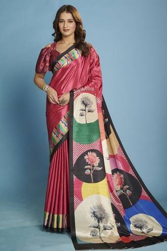 Pink premium printed saree with blouse
