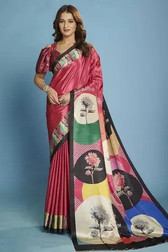 Pink premium printed saree with blouse