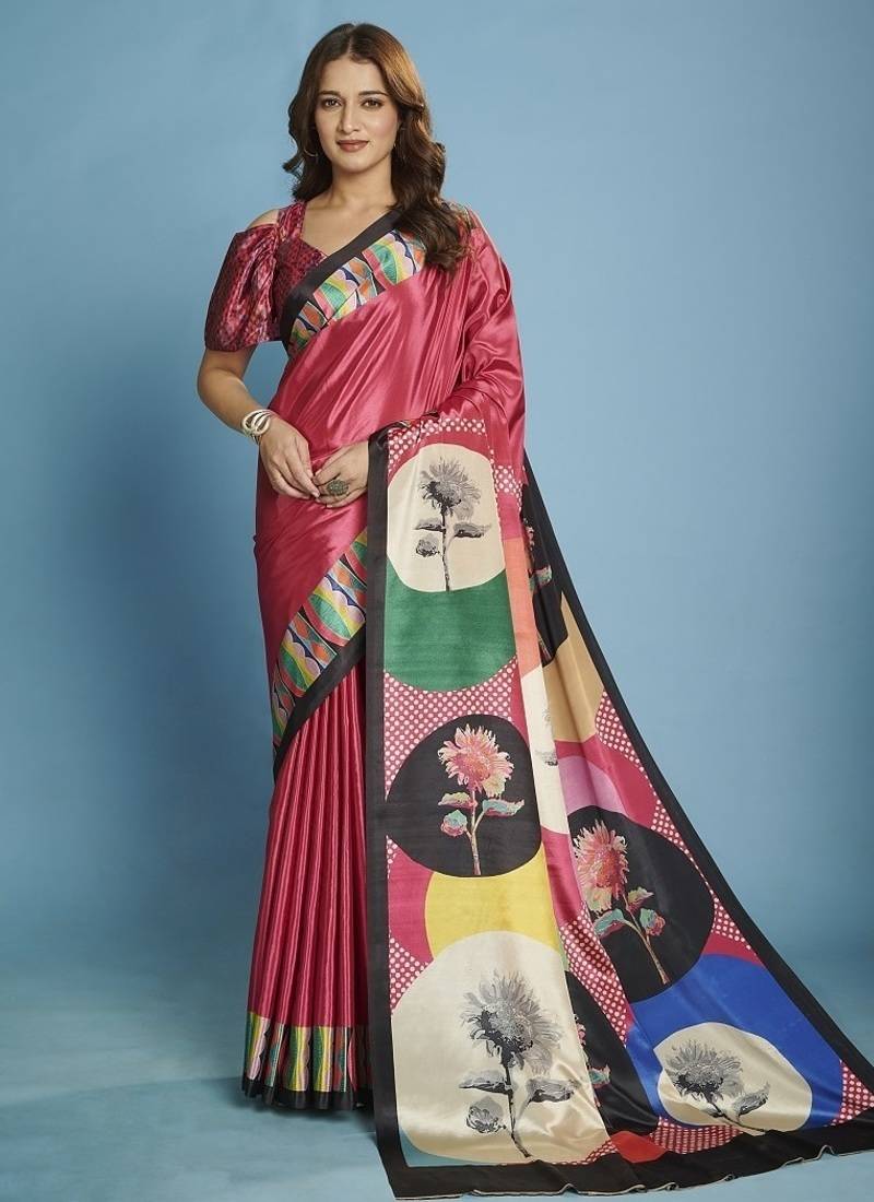 Pink premium printed saree with blouse