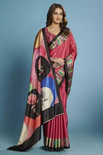 Pink  printed saree with blouse