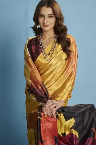 Yellow  printed saree with blouse