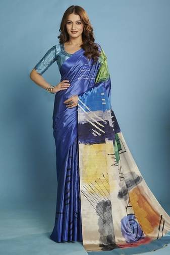 Blue premium printed saree with blouse