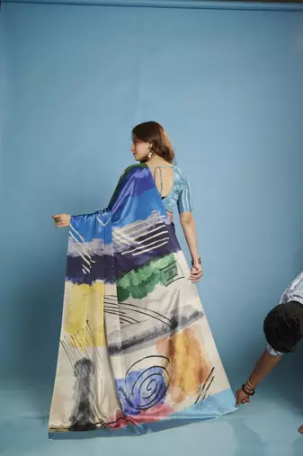 Blue  printed saree with blouse