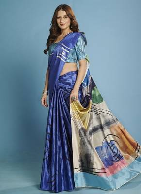 Blue  printed saree with blouse 3