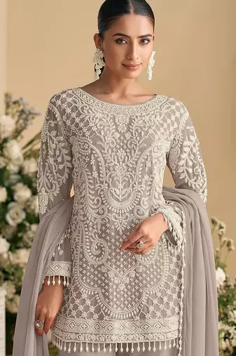 Grey embroidered georgette salwar suit
