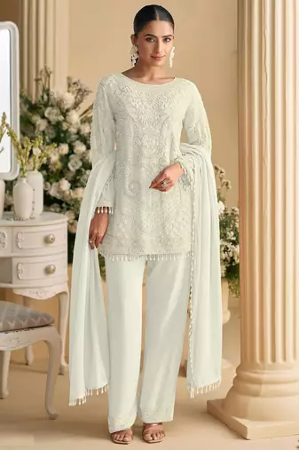 White embroidered georgette pakistani salwar suit
