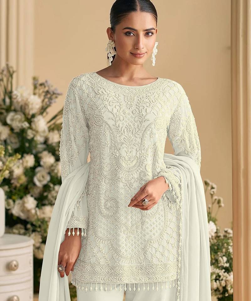 White embroidered georgette pakistani salwar suit