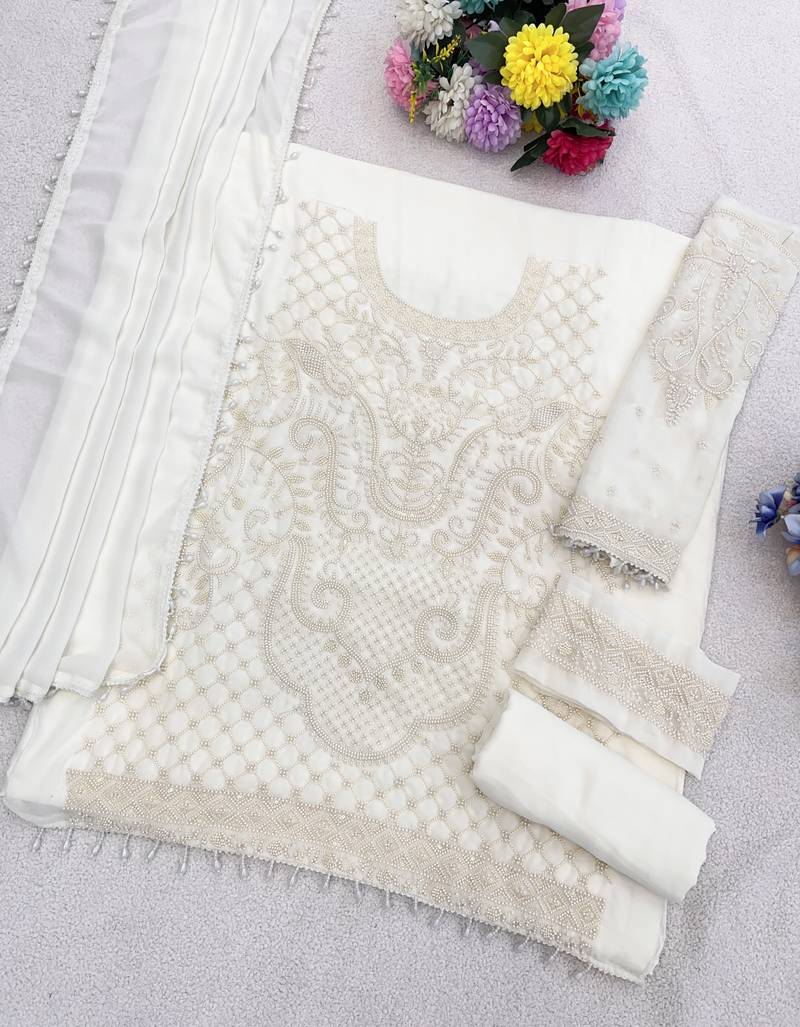 White embroidered georgette pakistani salwar suit