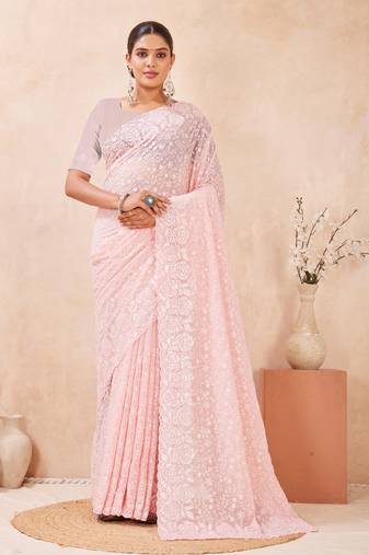 pink georgette saree with zari resham sequin work