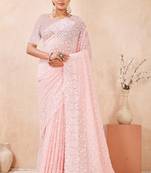 pink georgette saree with zari resham sequin work