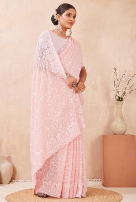 pink georgette saree with zari resham sequin work 2