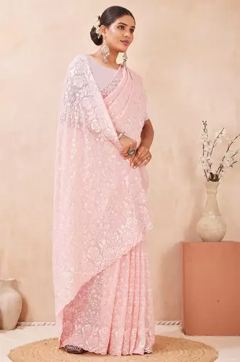 pink georgette saree with zari resham sequin work