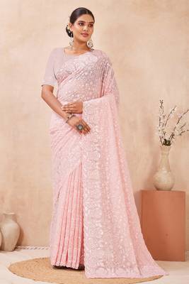 pink georgette saree with zari resham sequin work 3