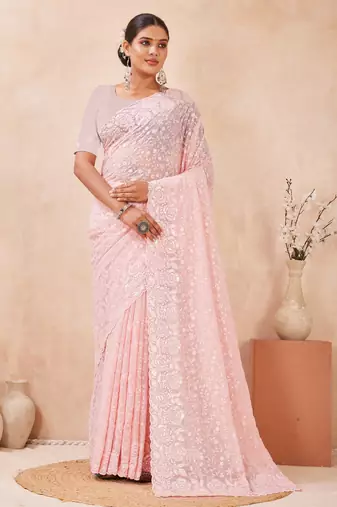 pink georgette saree with zari resham sequin work