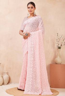 pink georgette saree with zari resham sequin work 4
