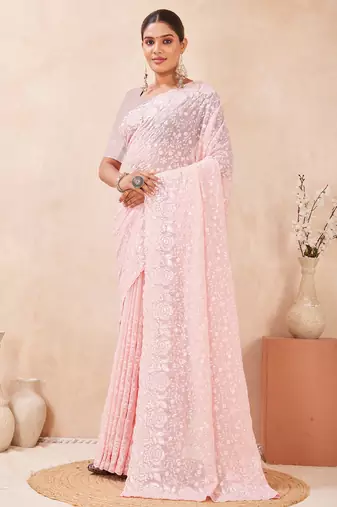 pink georgette saree with zari resham sequin work