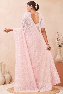 pink georgette saree with zari resham sequin work 5