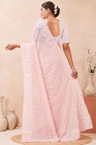 pink georgette saree with zari resham sequin work