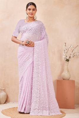 lavender georgette saree with zari resham sequin work 1
