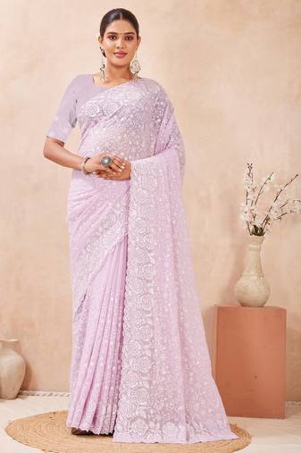 lavender georgette saree with zari resham sequin work