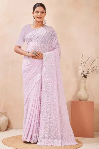 lavender heavy zari resham sequin embroidered border work georgette saree for women