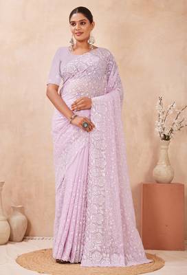 lavender georgette saree with zari resham sequin work 3
