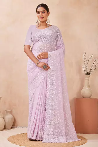 lavender georgette saree with zari resham sequin work